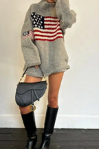 Women's knit sweater with high neck and stars and stripes flag motif