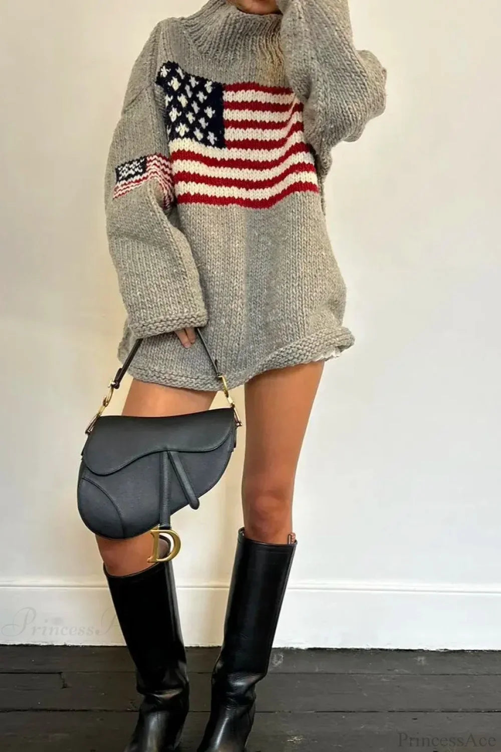 Women's knit sweater with high neck and stars and stripes flag motif