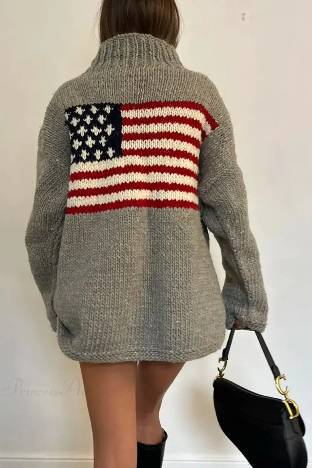 Women's knit sweater with high neck and stars and stripes flag motif