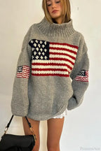 Women's knit sweater with high neck and stars and stripes flag motif