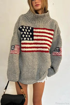 Women's knit sweater with high neck and stars and stripes flag motif