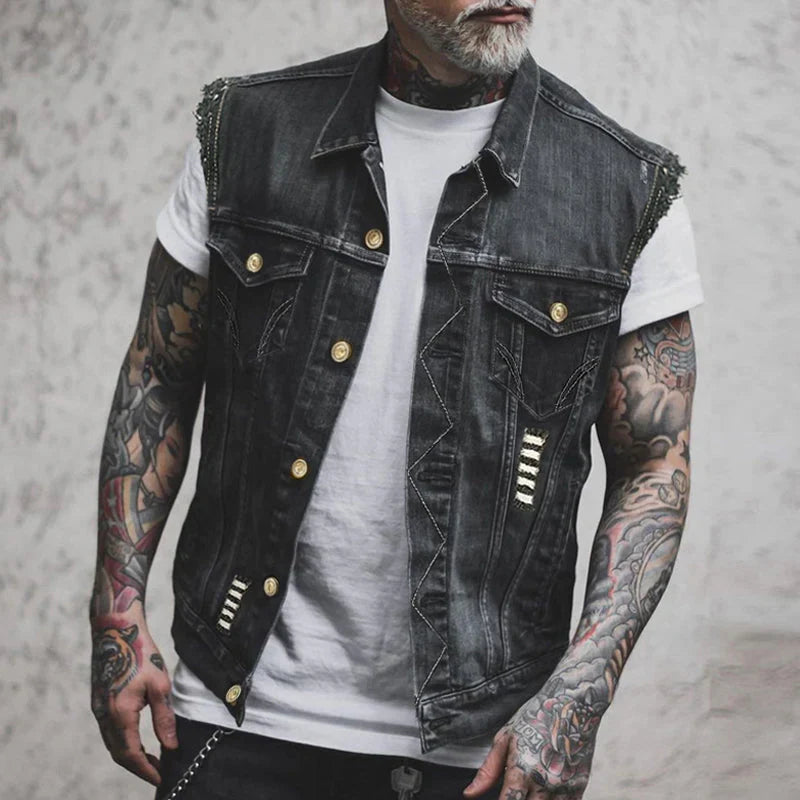 Men's distressed denim gilet with shirt collar, button front and chest pockets