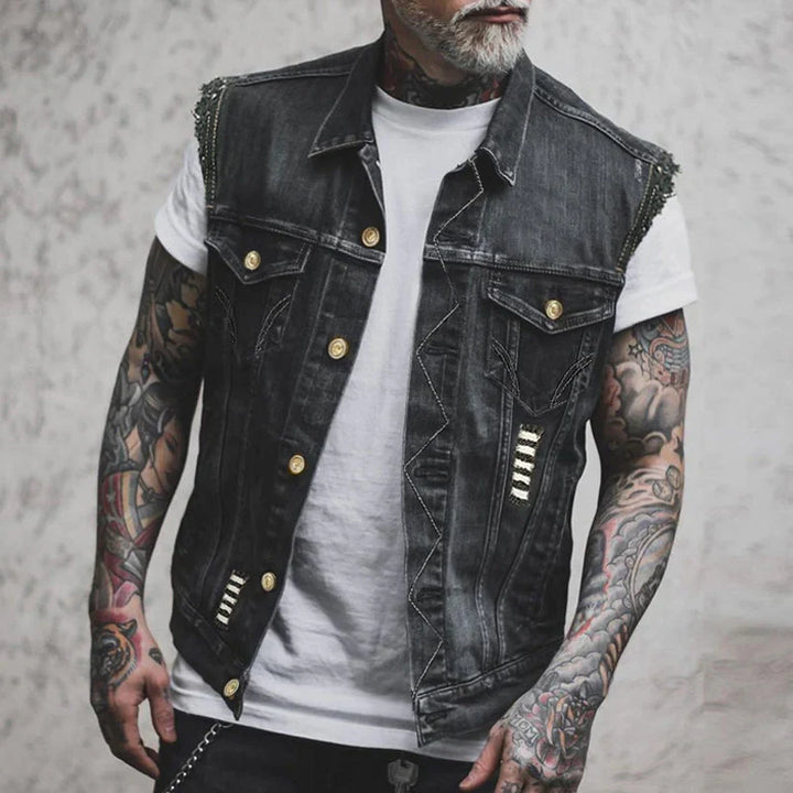 Men's distressed denim gilet with shirt collar, button front and chest pockets