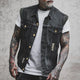 Men's distressed denim gilet with shirt collar, button front and chest pockets