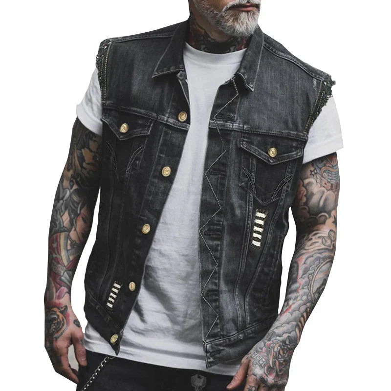 Men's distressed denim gilet with shirt collar, button front and chest pockets