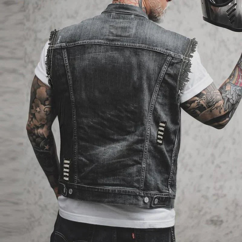 Men's distressed denim gilet with shirt collar, button front and chest pockets