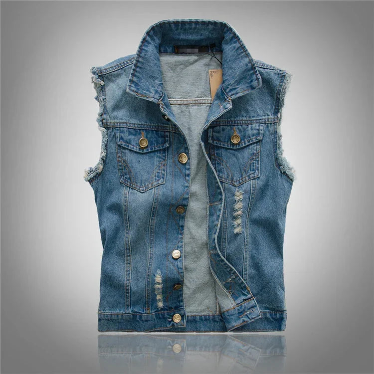 Men's distressed denim gilet with shirt collar, button front and chest pockets