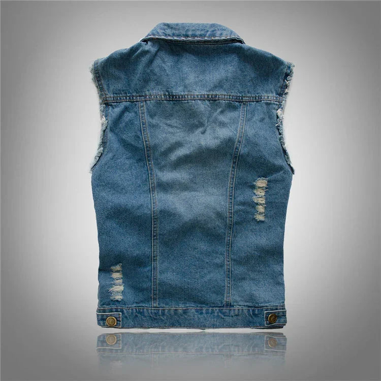 Men's distressed denim gilet with shirt collar, button front and chest pockets
