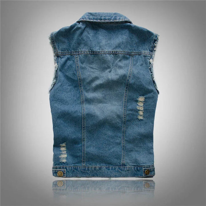 Men's distressed denim gilet with shirt collar, button front and chest pockets