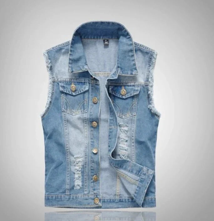 Men's distressed denim gilet with shirt collar, button front and chest pockets