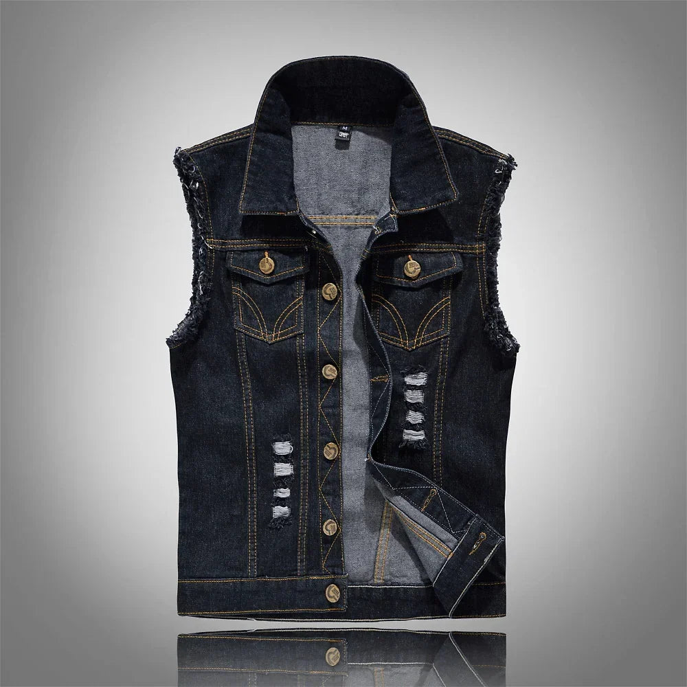 Men's distressed denim gilet with shirt collar, button front and chest pockets