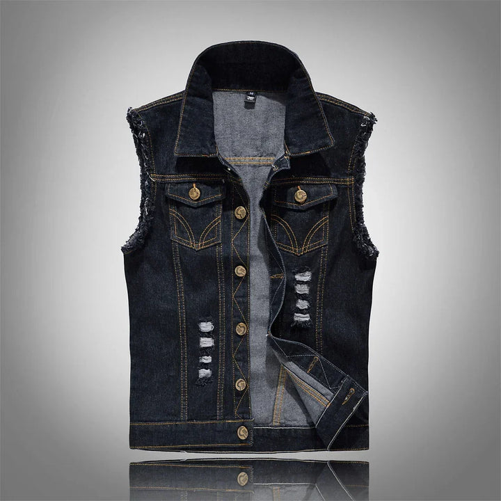 Men's distressed denim gilet with shirt collar, button front and chest pockets