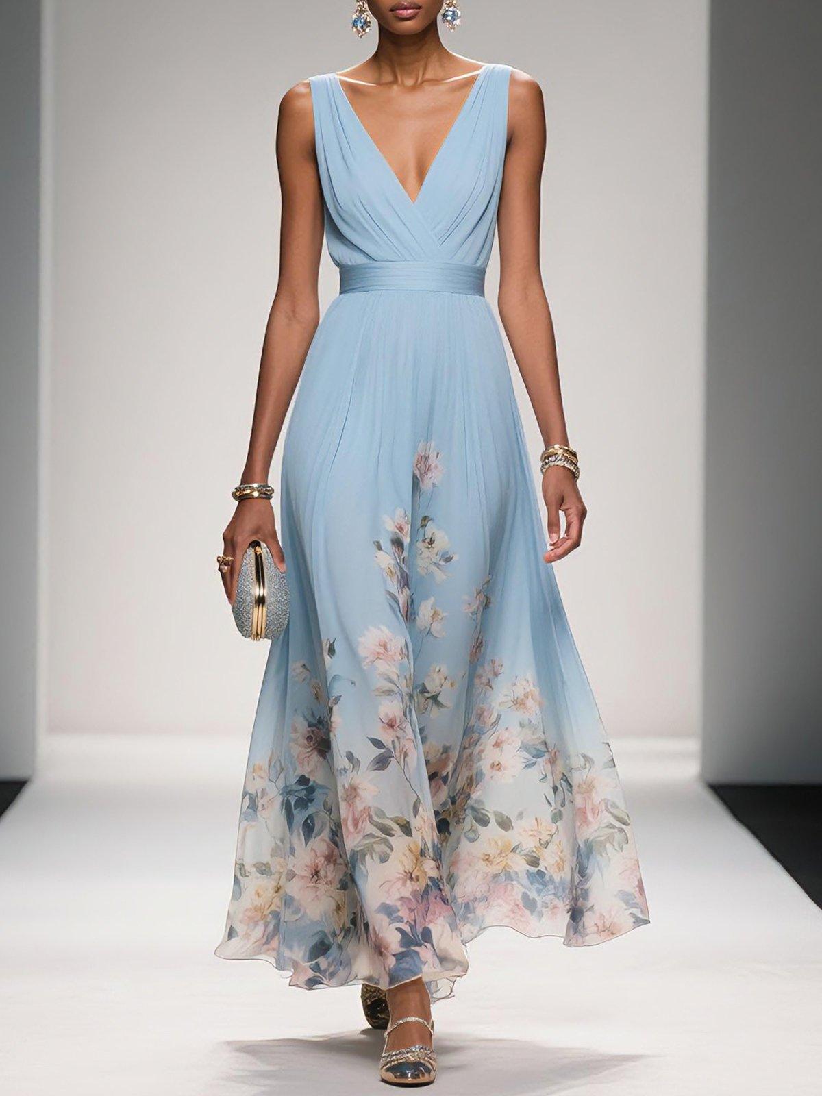 Women's floral V-neck maxi dress with sleeveless bodice and flared skirt