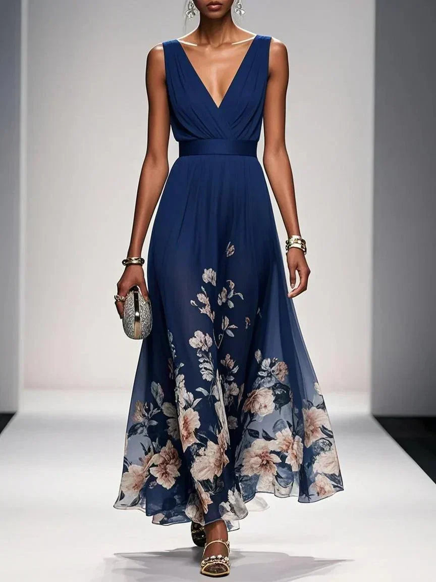 Women's floral V-neck maxi dress with sleeveless bodice and flared skirt