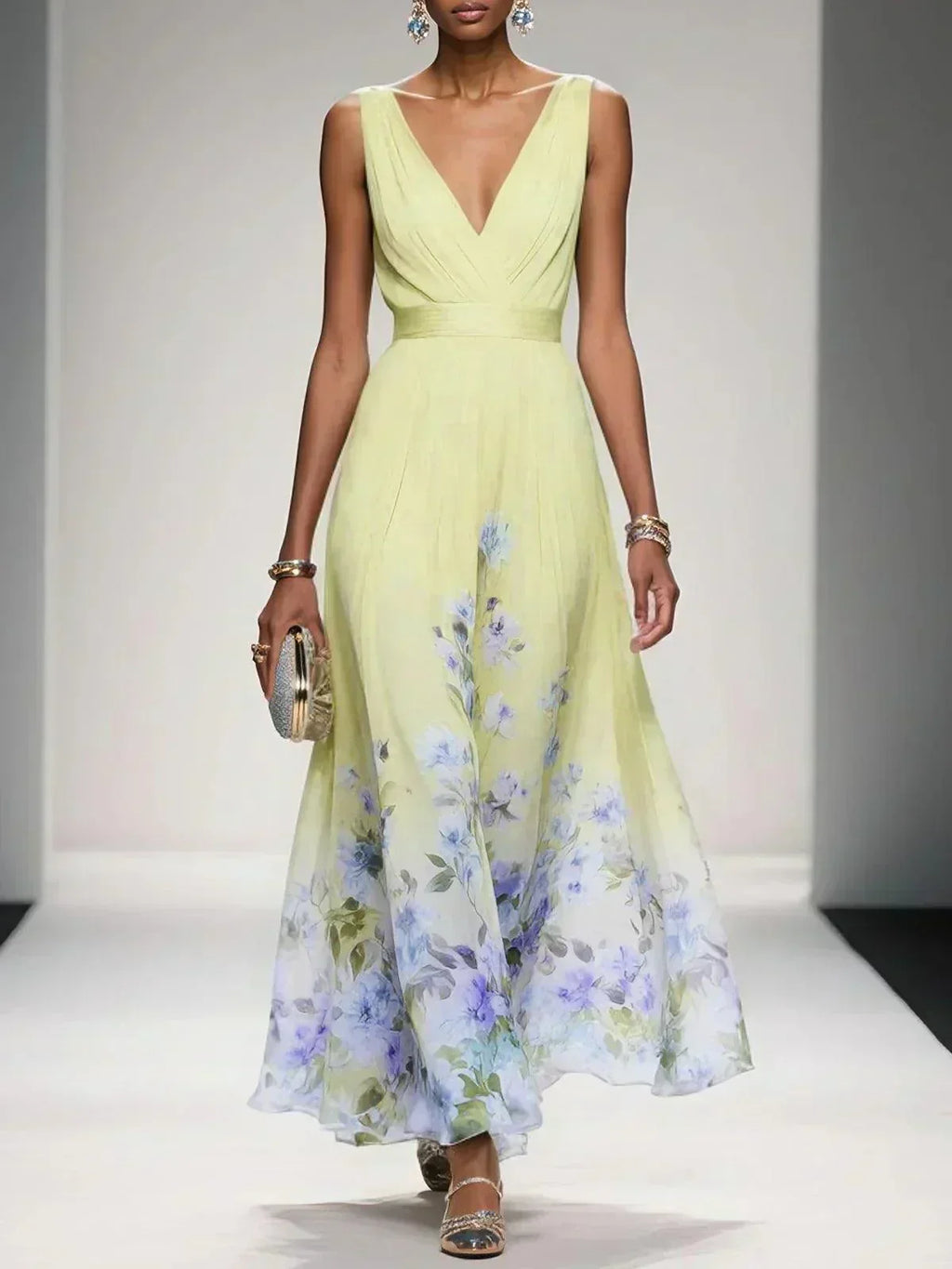 Women's floral V-neck maxi dress with sleeveless bodice and flared skirt