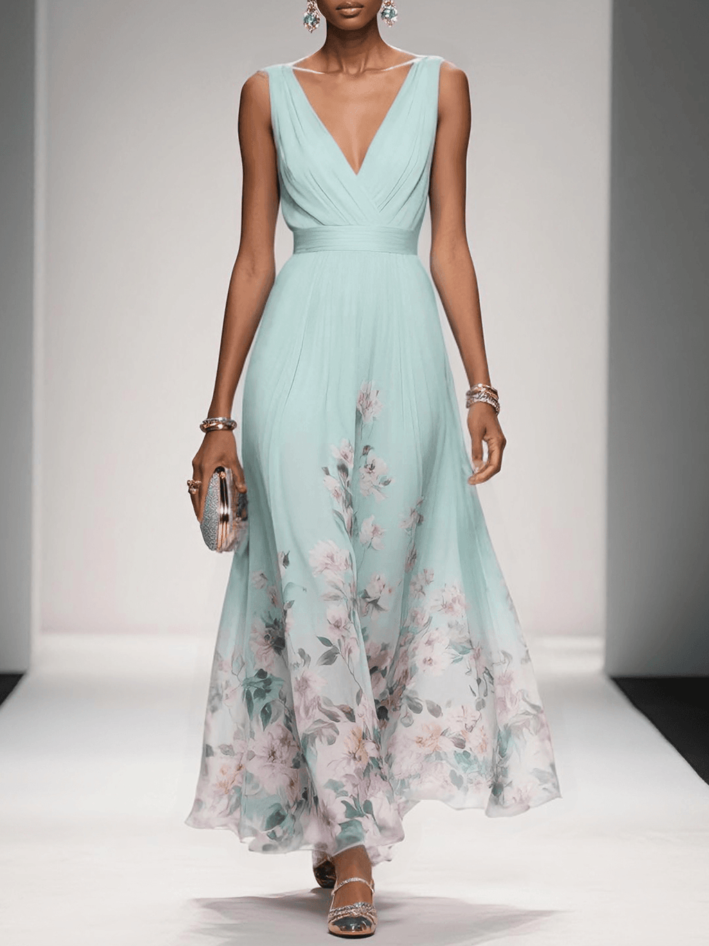 Women's floral V-neck maxi dress with sleeveless bodice and flared skirt