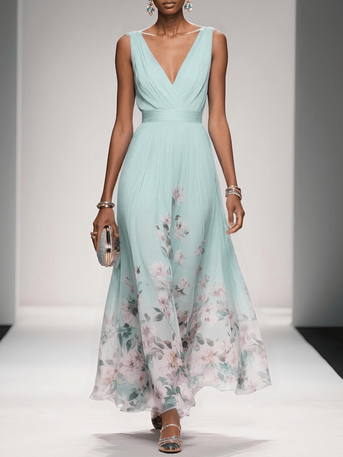 Women's floral V-neck maxi dress with sleeveless bodice and flared skirt