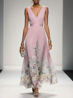 Women's floral V-neck maxi dress with sleeveless bodice and flared skirt