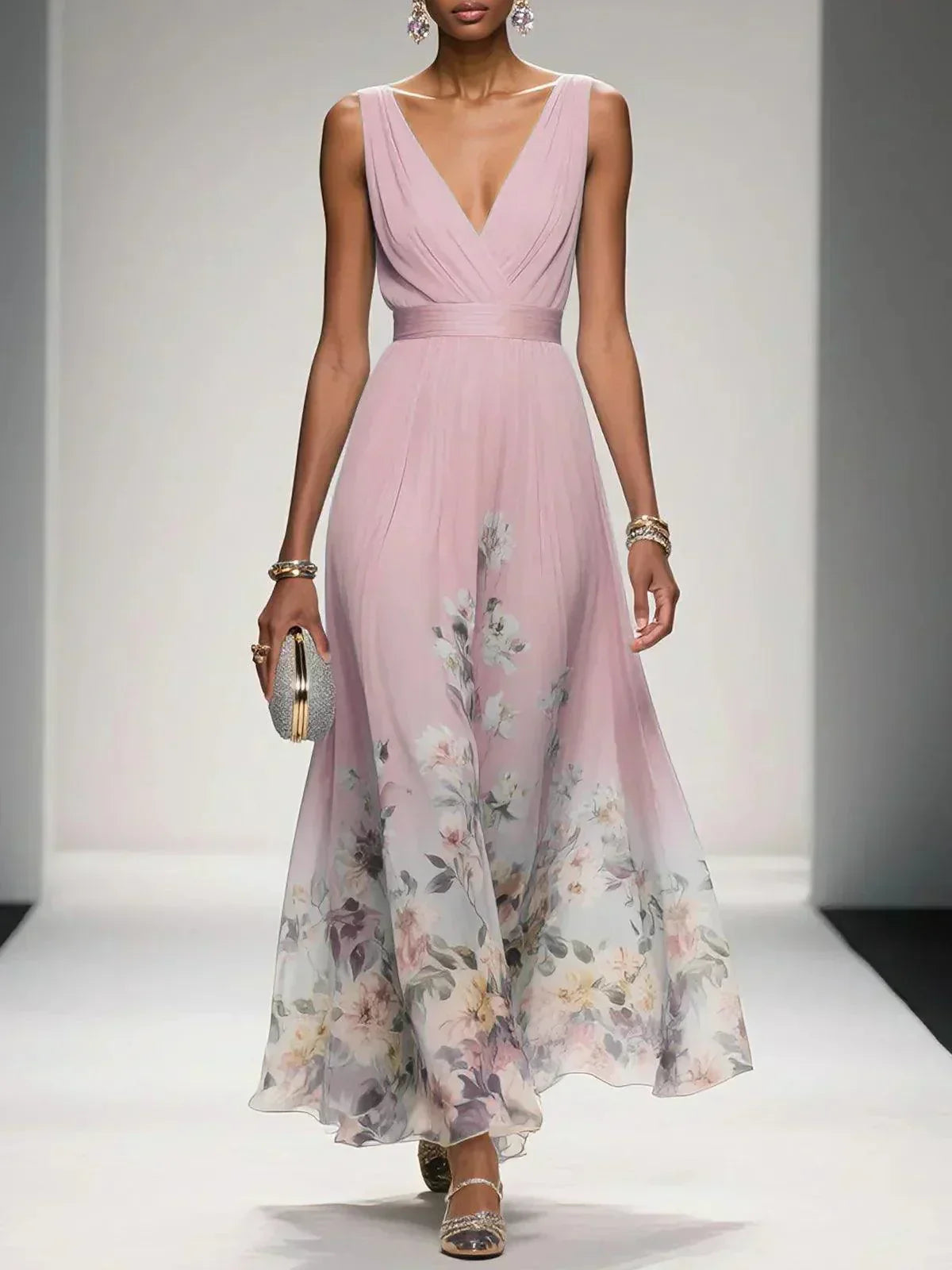 Women's floral V-neck maxi dress with sleeveless bodice and flared skirt