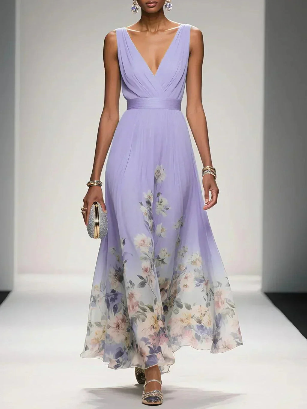 Women's floral V-neck maxi dress with sleeveless bodice and flared skirt