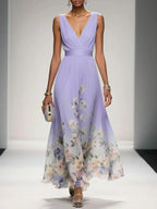 Women's floral V-neck maxi dress with sleeveless bodice and flared skirt