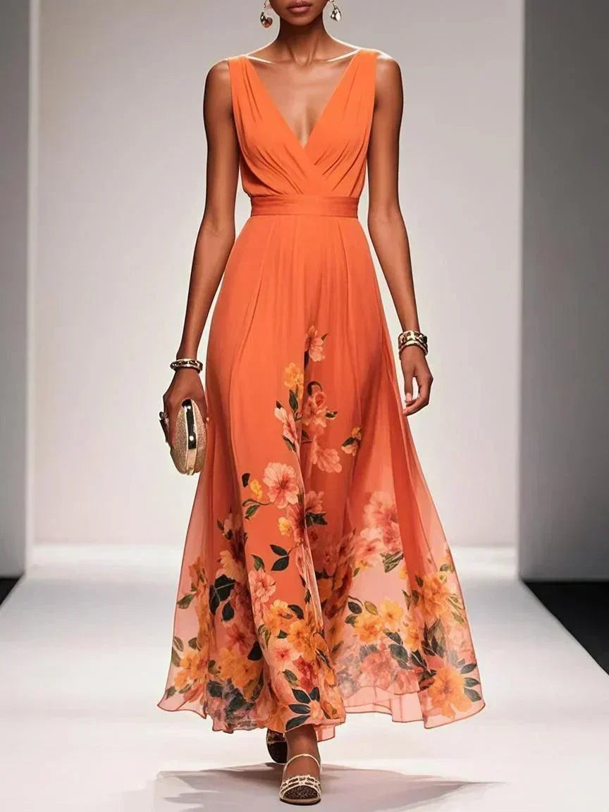 Women's floral V-neck maxi dress with sleeveless bodice and flared skirt