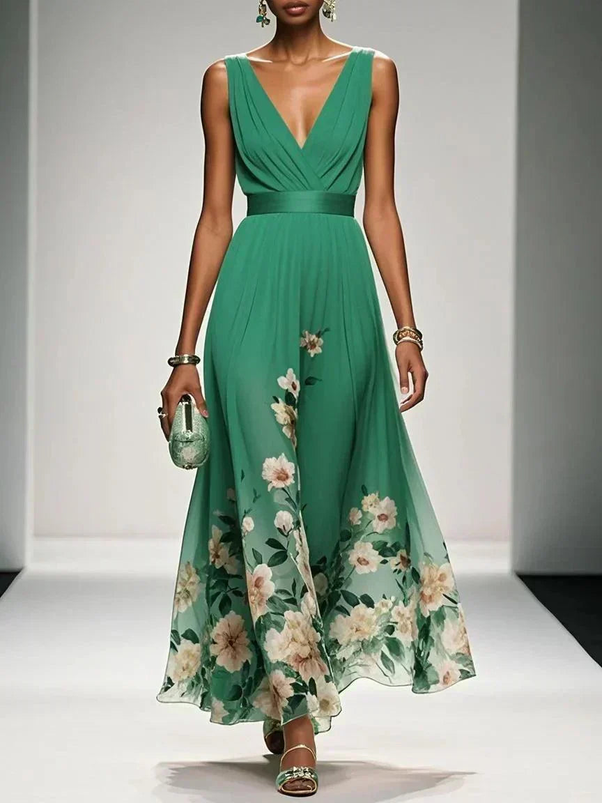 Women's floral V-neck maxi dress with sleeveless bodice and flared skirt