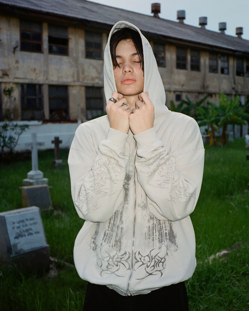 Gray graphic zip-up hoodie with cathedral print and hood