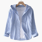 Women's striped hooded shirt with button front and rolled cuffs