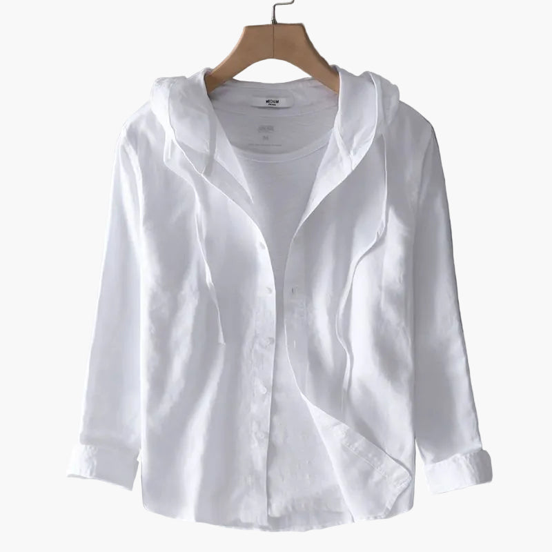 Women's striped hooded shirt with button front and rolled cuffs