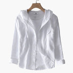 Women's striped hooded shirt with button front and rolled cuffs