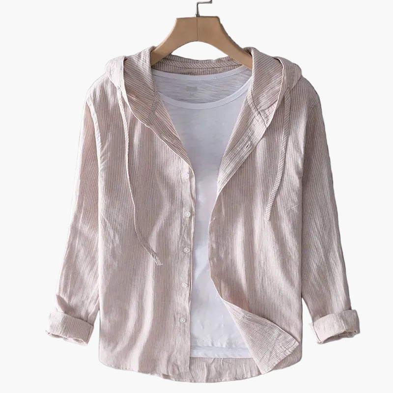 Women's striped hooded shirt with button front and rolled cuffs