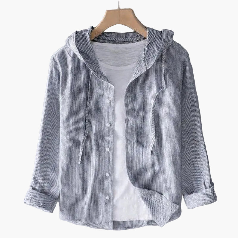 Women's striped hooded shirt with button front and rolled cuffs