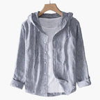 Women's striped hooded shirt with button front and rolled cuffs