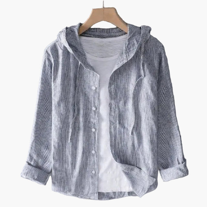 Women's striped hooded shirt with button front and rolled cuffs