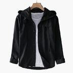 Women's striped hooded shirt with button front and rolled cuffs