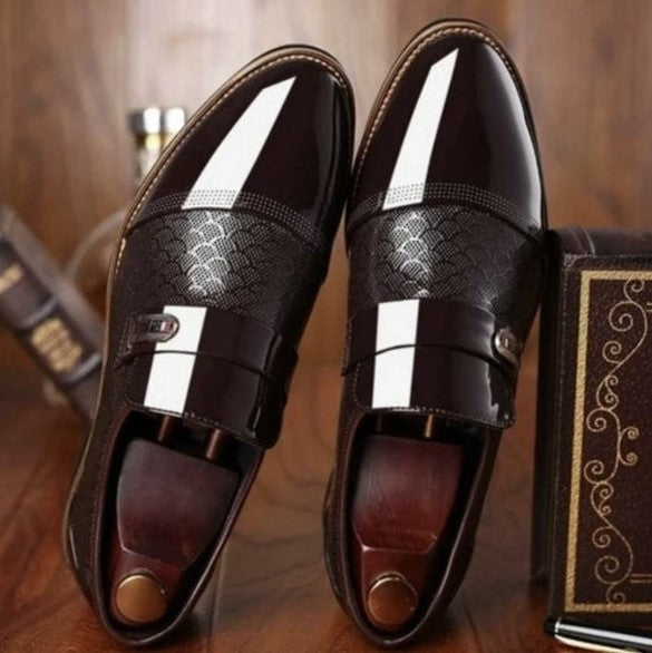 Men's patterned loafers with buckle straps and contrast stripe detailing