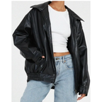 Women's oversized faux leather jacket with wide collar and zip front