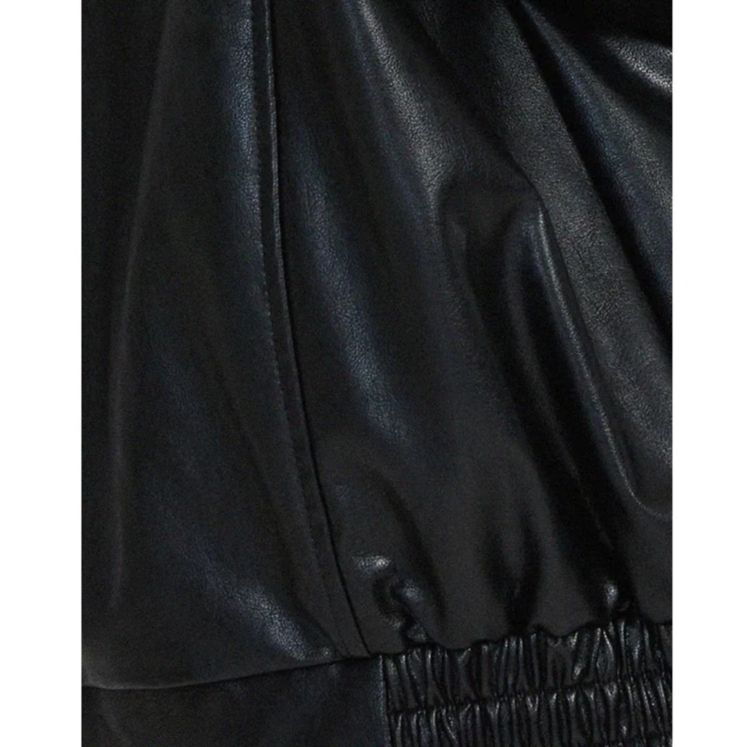 Women's oversized faux leather jacket with wide collar and zip front