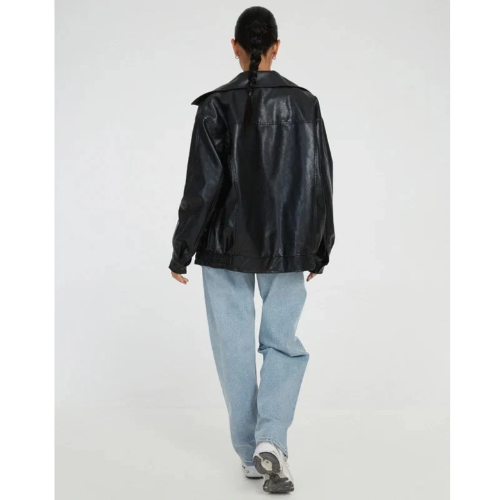Women's oversized faux leather jacket with wide collar and zip front