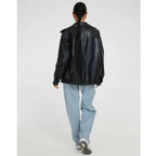 Women's oversized faux leather jacket with wide collar and zip front