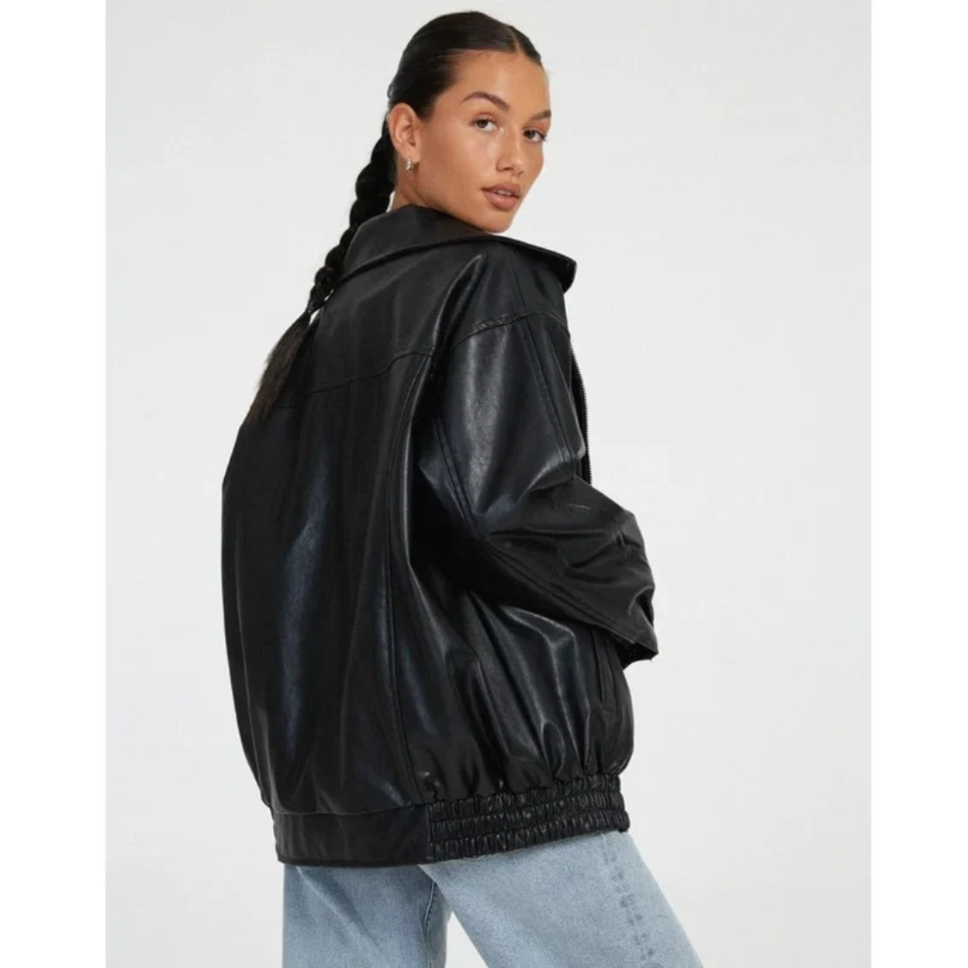 Women's oversized faux leather jacket with wide collar and zip front
