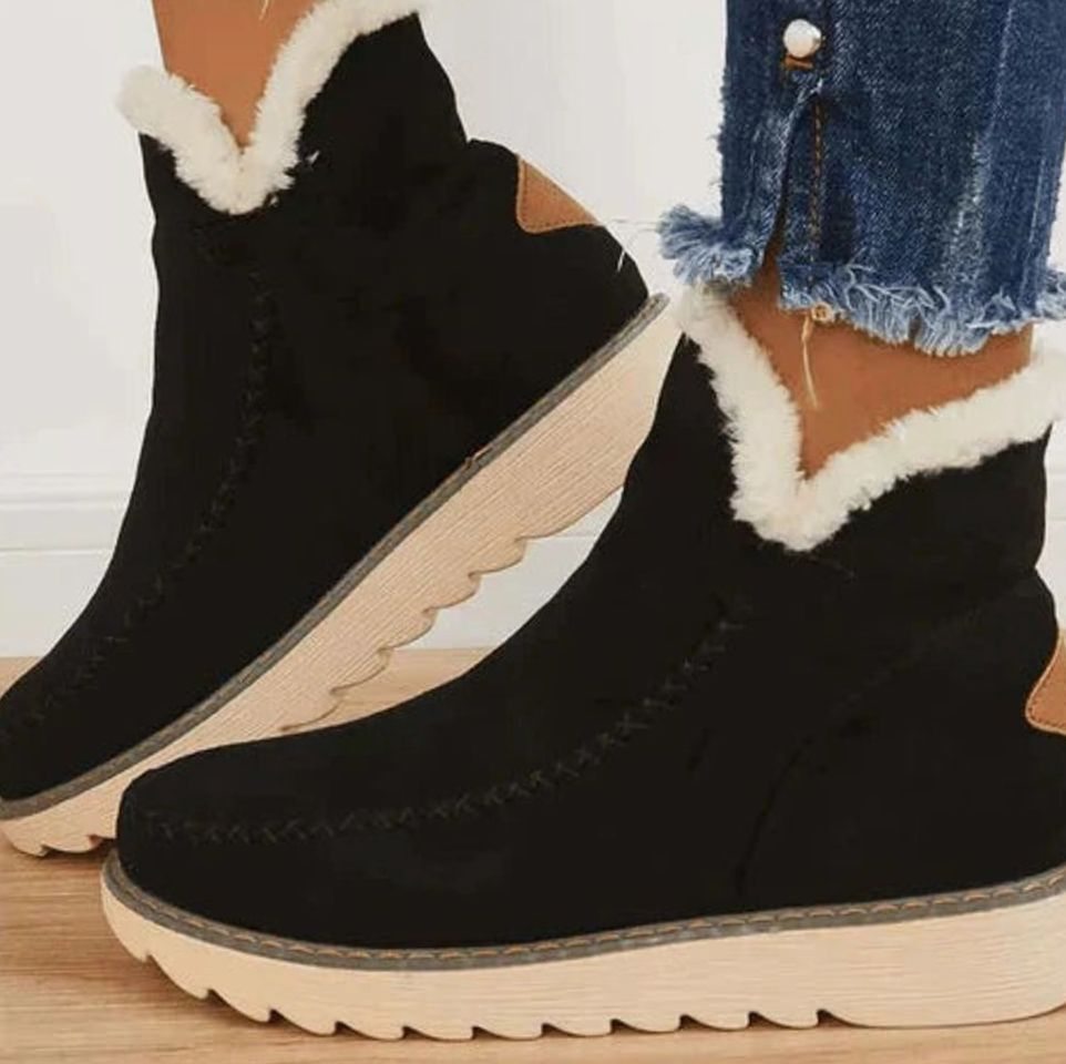 Women's ankle boots with faux-fur trim, stitched panels and flat lugged soles