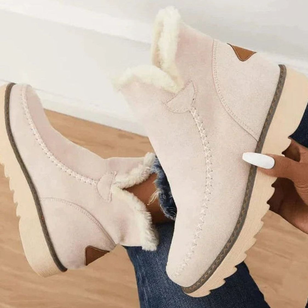 Women's ankle boots with faux-fur trim, stitched panels and flat lugged soles