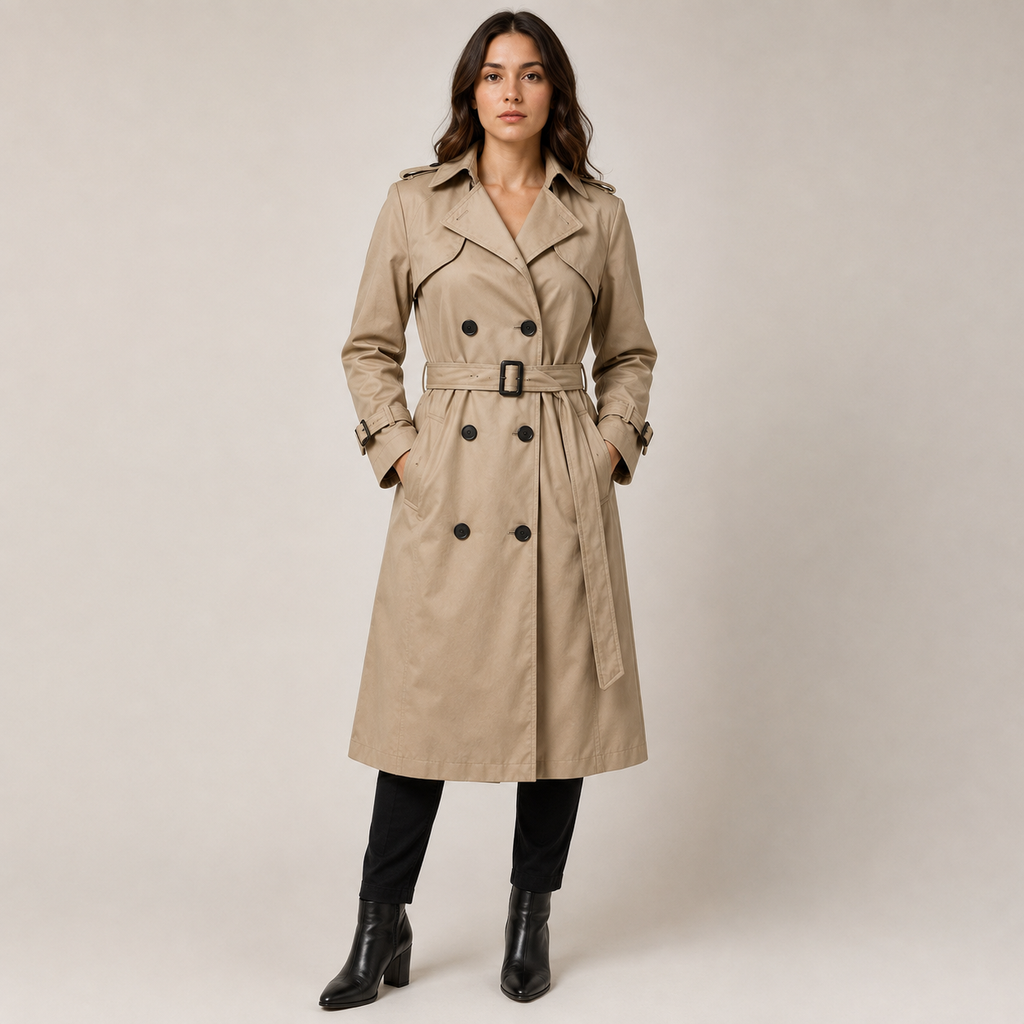 Women's long belted trench coat with double-breasted front and notched collar