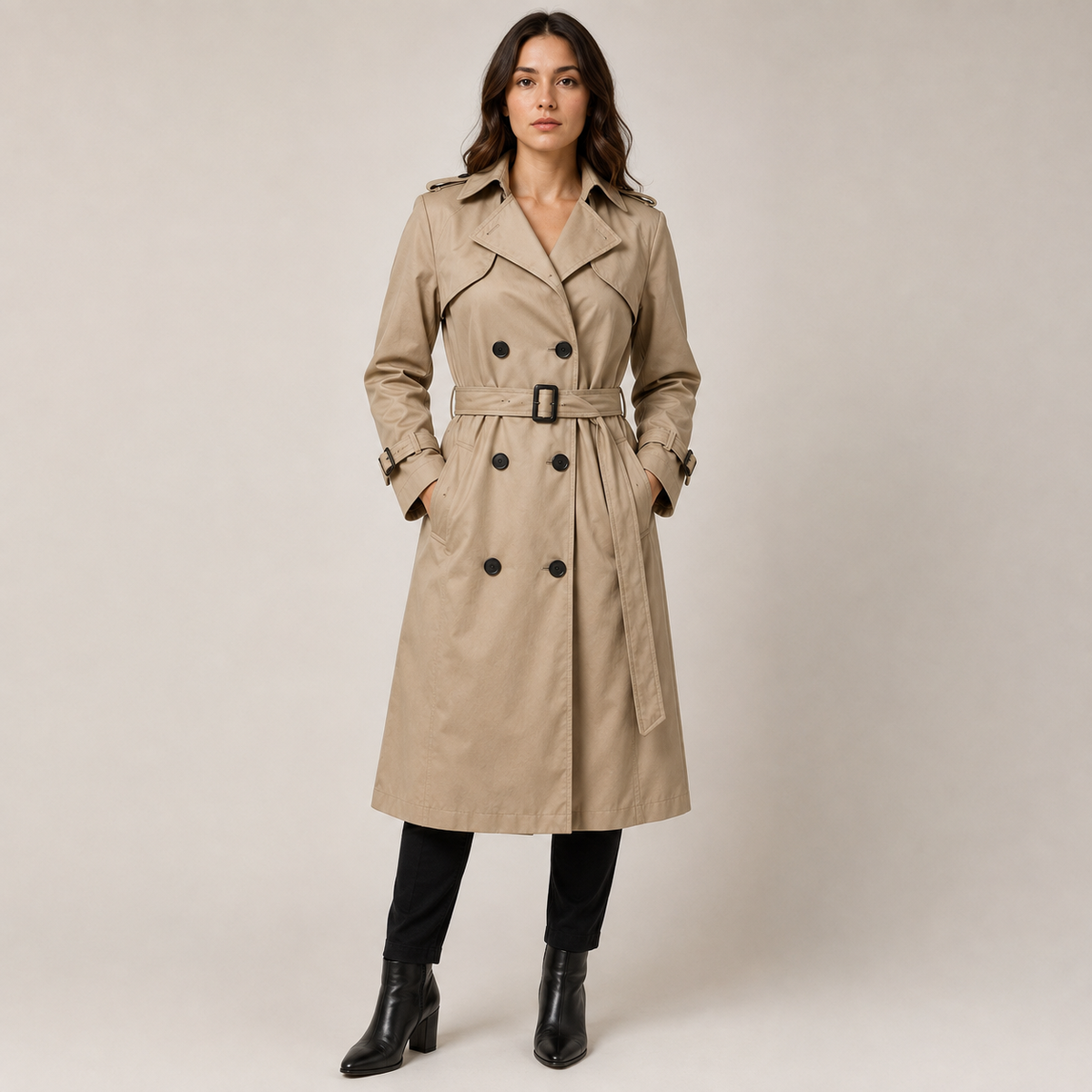 Women's long belted trench coat with double-breasted front and notched collar
