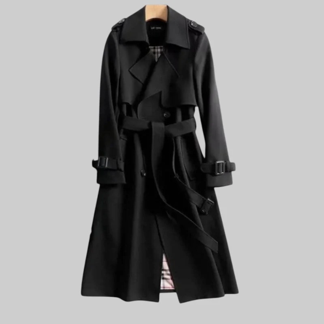 Women's long belted trench coat with double-breasted front and notched collar