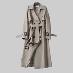 Women's long belted trench coat with double-breasted front and notched collar