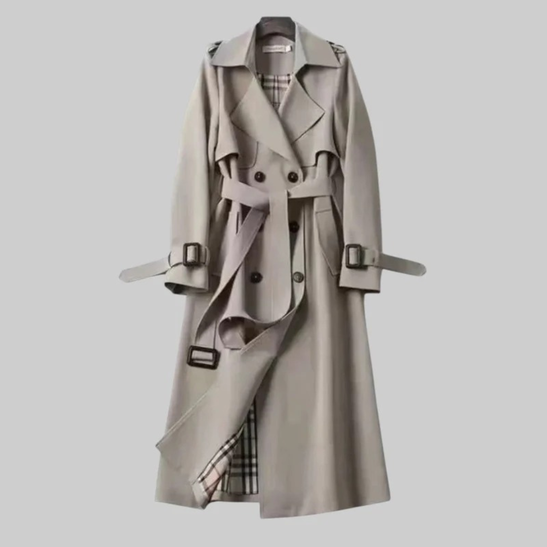 Women's long belted trench coat with double-breasted front and notched collar