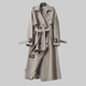 Women's long belted trench coat with double-breasted front and notched collar